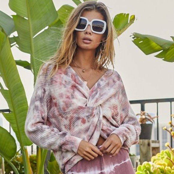 Cranberry Wine Tie Dye Twist V Reversible Sweater - Picture 14 of 14